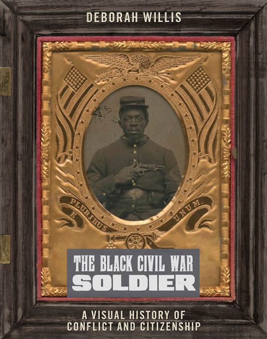 book cover of the civil war book shows soldier inset on gilded engraving and black wooden frame elements